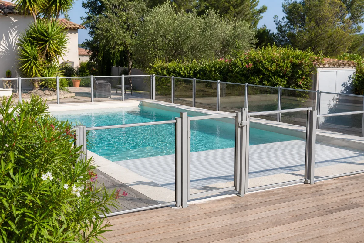 Barrière de sécurité et volet immergé sur une piscine terminée bordée de margelles claires