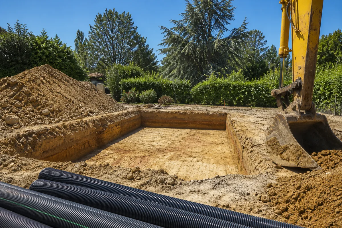 Terrassement d&rsquo;une piscine sur sol sableux landais, pelle mécanique et fond de fouille net