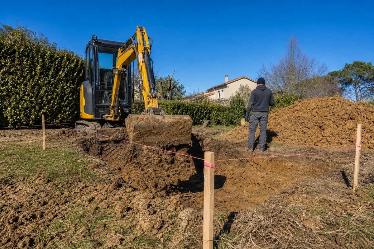 Chantier de piscine enterrée en cours de terrassement, pelle mécanique et fouille rectangulaire