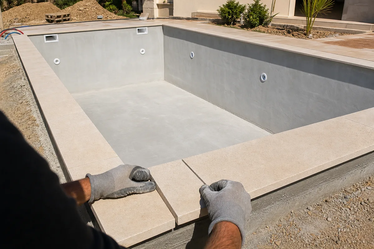 Bassin de piscine en béton armé fraîchement coulé avec margelles claires posées au soleil