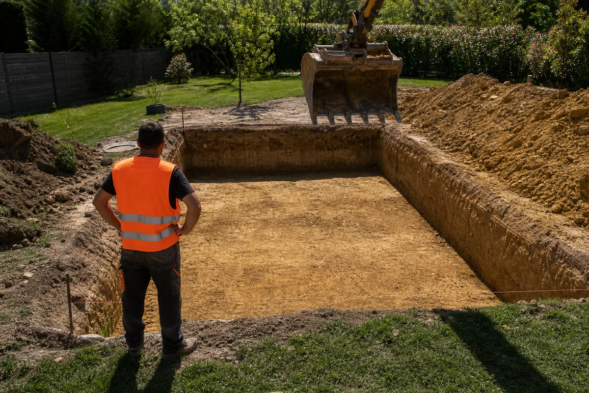 Chantier de piscine enterrée en cours de terrassement dans un jardin ensoleillé