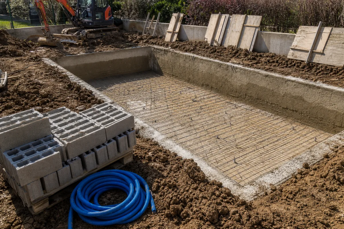Chantier de piscine avec terrassement fraîchement réalisé et coffrages en attente sous le soleil