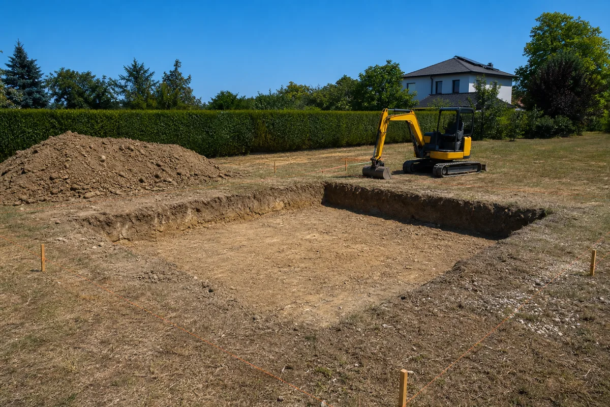 Terrain de particulier préparé avant un chantier de piscine, fouille rectangulaire et pelle mécanique en plein soleil