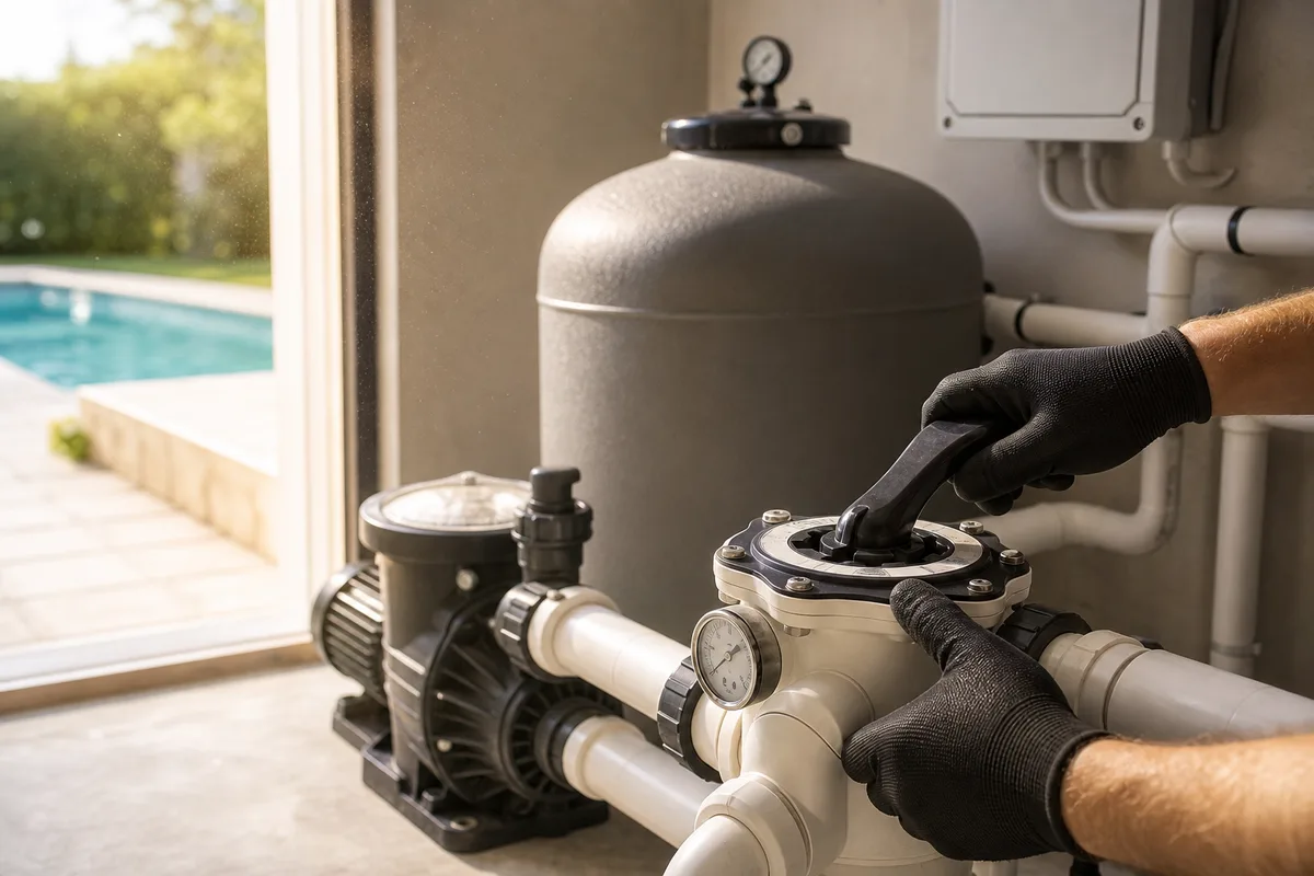 Local technique de piscine ouvert au soleil, pompe de filtration, filtre à sable et vannes soigneusement raccordées