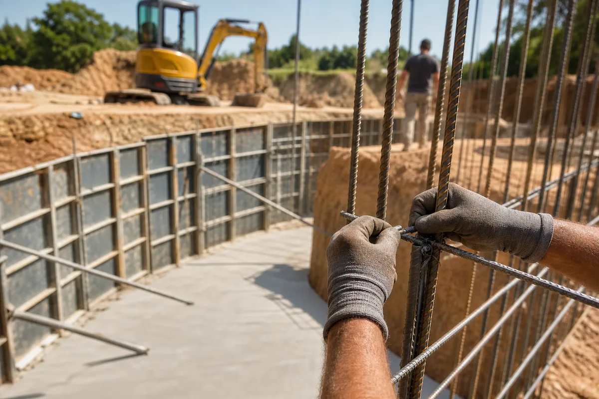 Chantier de piscine béton avec ferraillage et coffrage métallique en place