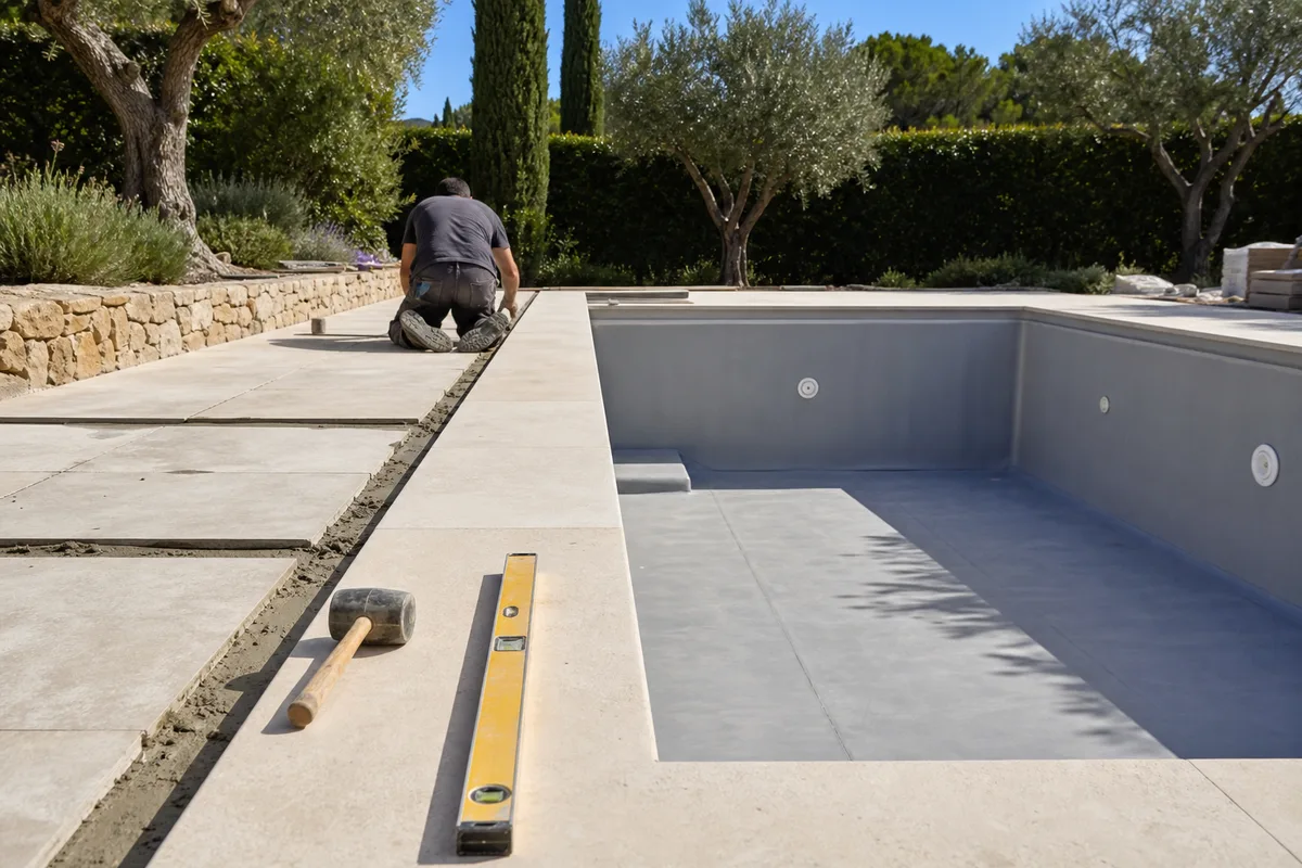 Margelles et plage en cours de finition autour d&rsquo;un bassin béton avant mise en eau