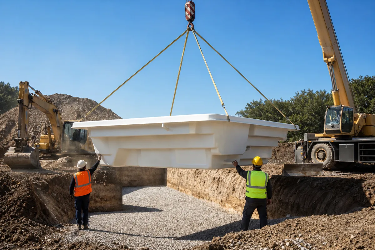 Coque de piscine en polyester blanche soulevée par une grue au-dessus d&rsquo;une fouille de terrassement, plein soleil