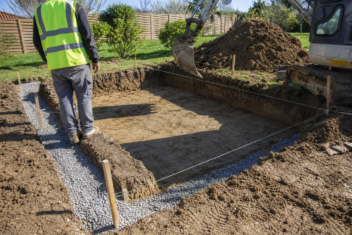 Terrassement d&rsquo;une piscine dans un jardin de l&rsquo;Oise, fouille nette creusée en terrain limoneux