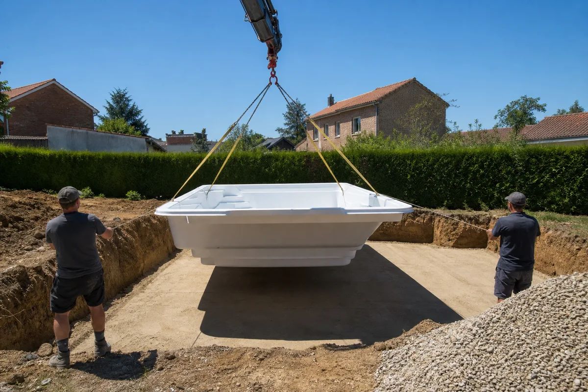 Pose d&rsquo;une coque polyester à la grue dans un jardin, lit de sable stabilisé et remblai en grave