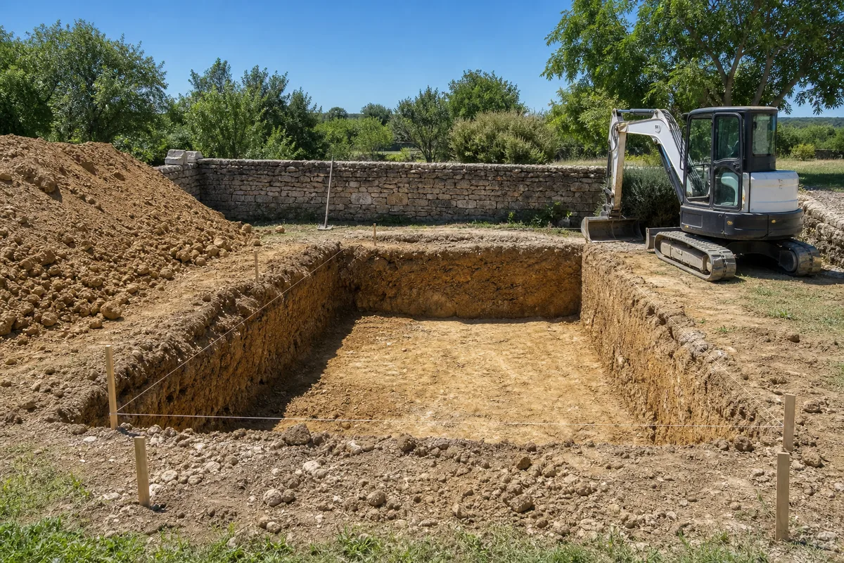 Terrassement d&rsquo;une piscine dans un jardin de l&rsquo;Auxois, fouille nette creusée en terrain marneux