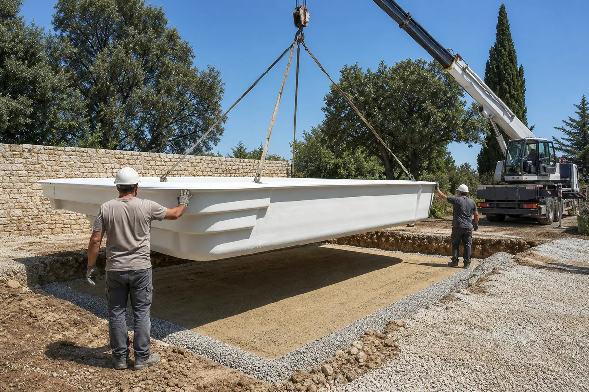 Pose d&rsquo;une coque polyester à la grue dans un jardin bourguignon, lit de sable stabilisé et margelles en pierre