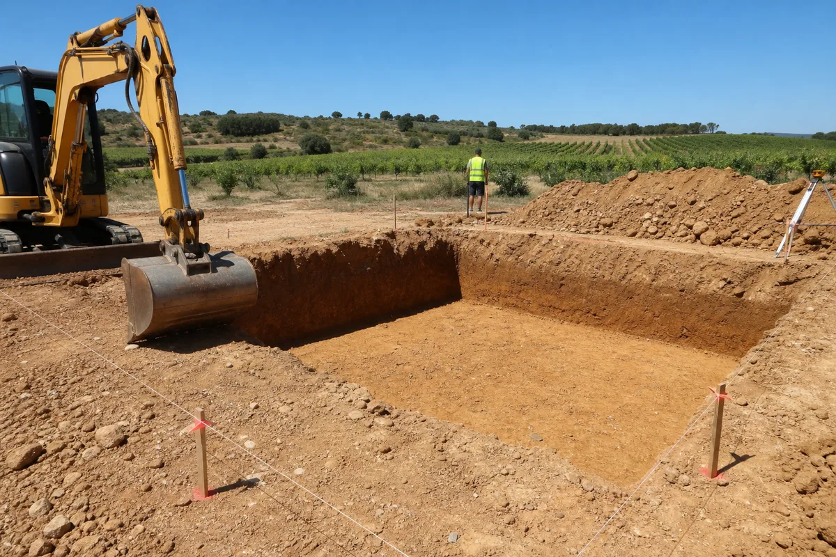 Bassin en construction dans la plaine de l&rsquo;Aude sous un ciel de plein été