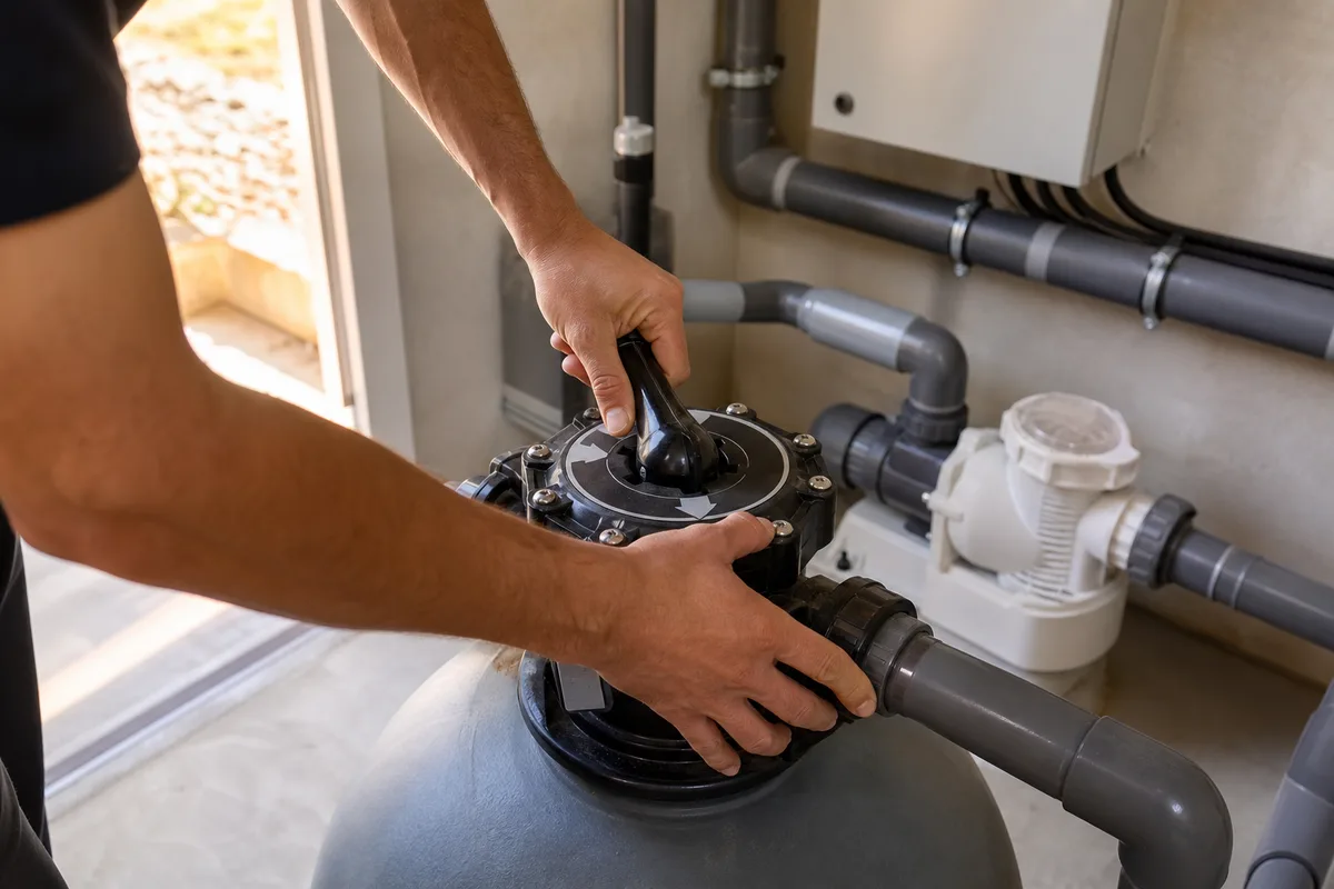 Mains d&rsquo;un professionnel vérifiant la filtration dans un local technique de piscine