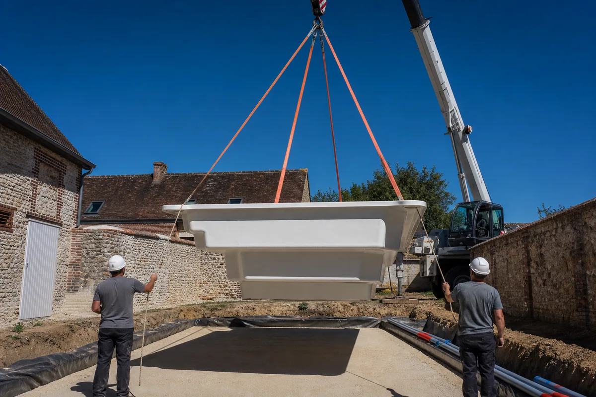 Coque de piscine polyester levée à la grue au-dessus d&rsquo;un jardin clos de murs anciens