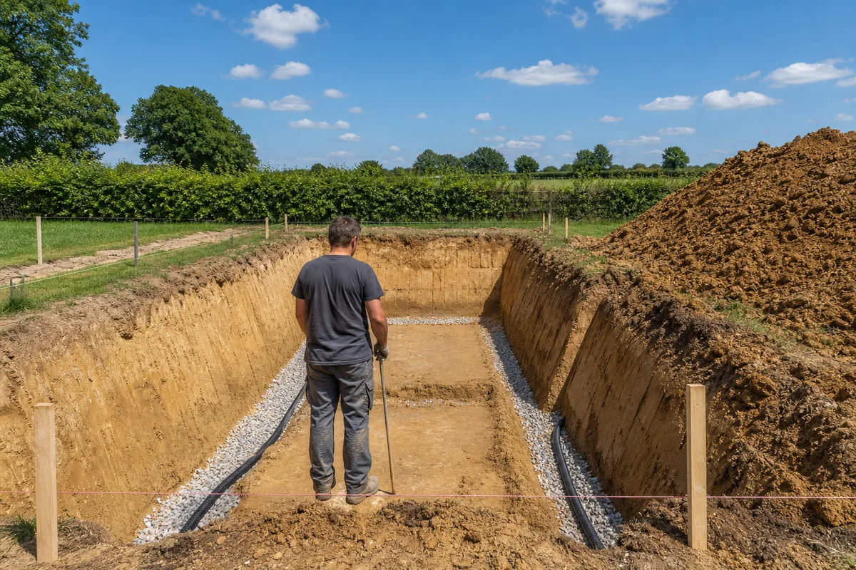 Fouille de piscine creusée dans un terrain argileux du bocage normand bordé de haies
