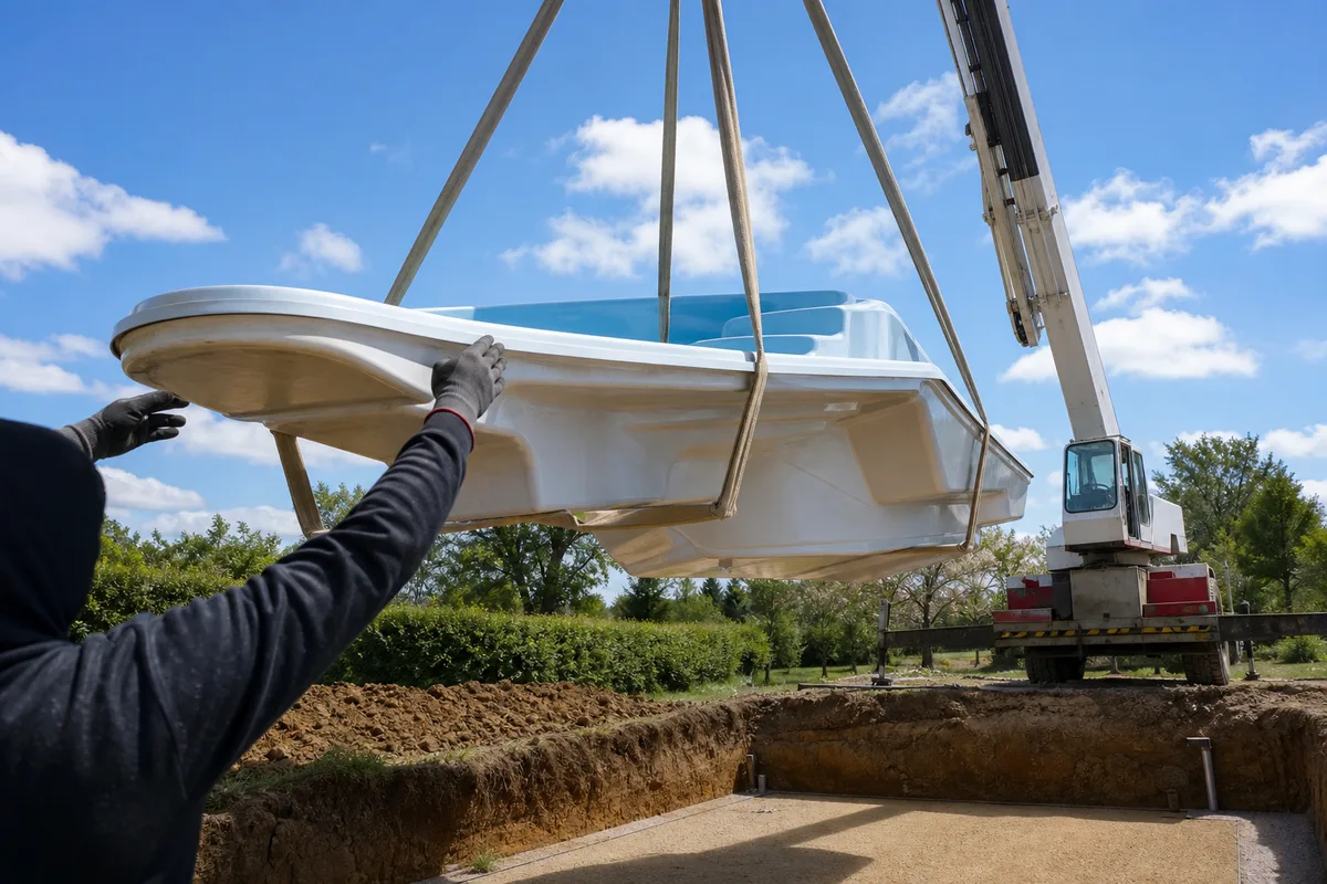 Coque de piscine polyester descendue à la grue dans un jardin normand entouré de haies