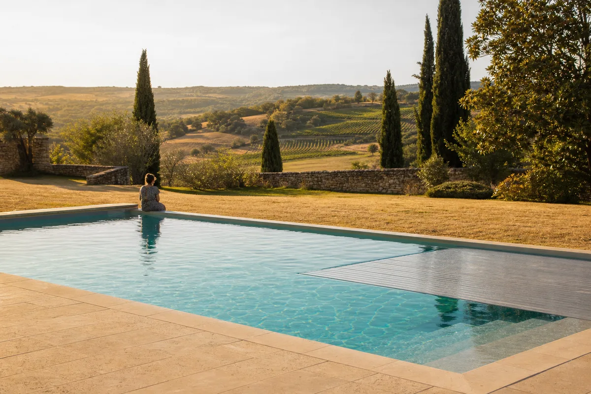 Piscine en béton achevée avec margelles claires dans un jardin de campagne gasconne