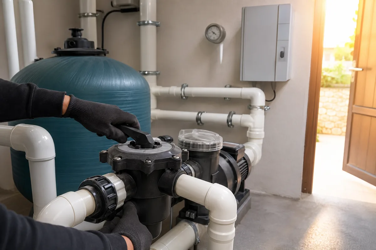 Local technique de piscine avec pompe et filtration installées par un professionnel