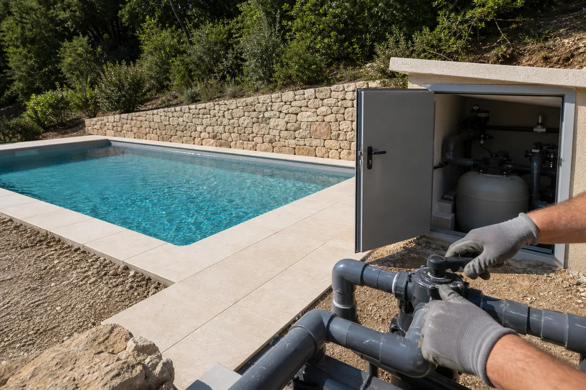 Bassin de piscine achevé au pied d&rsquo;un versant boisé, margelles claires et local technique