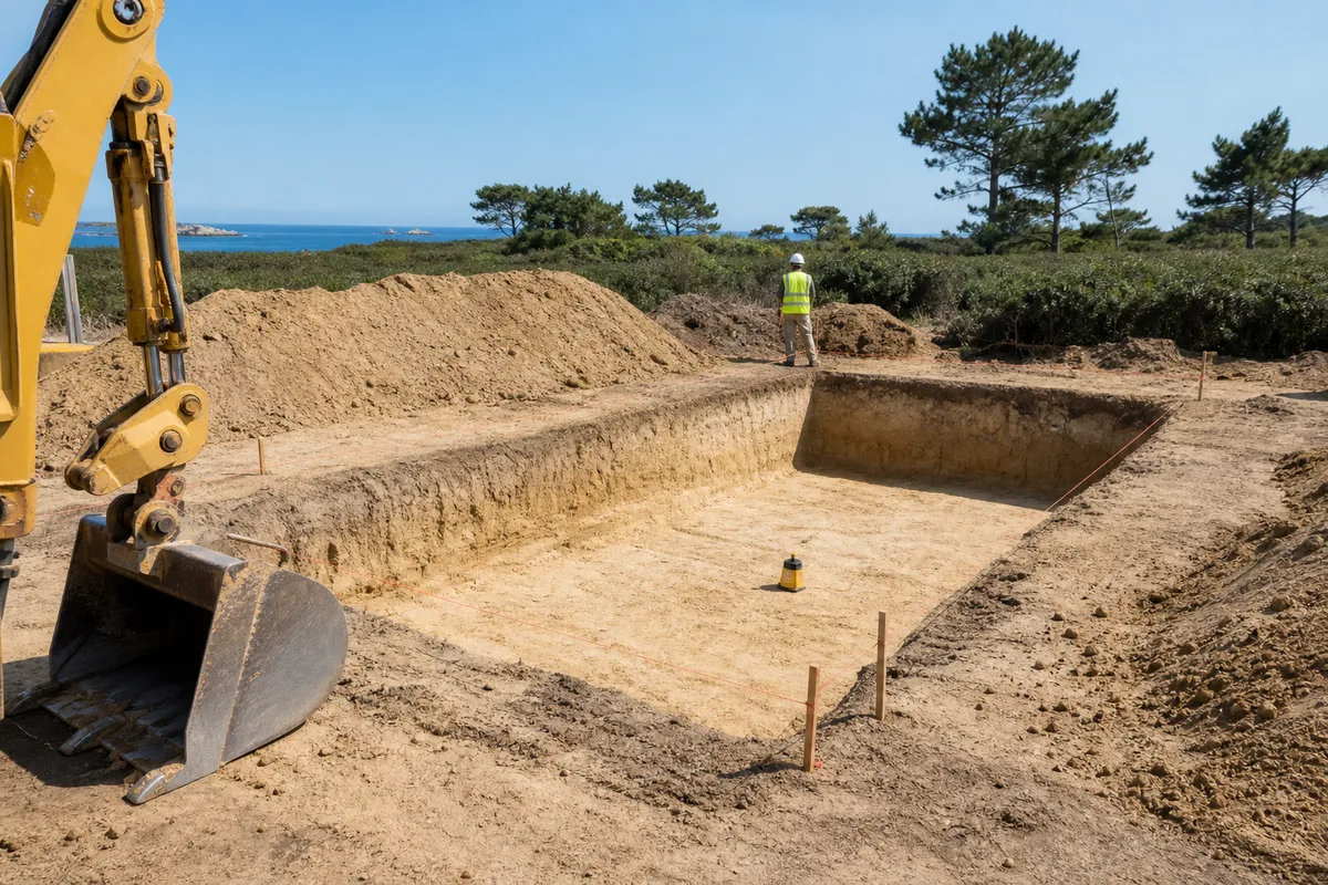 Chantier de piscine enterrée en bord de côte, terrassement propre dans un sol sableux