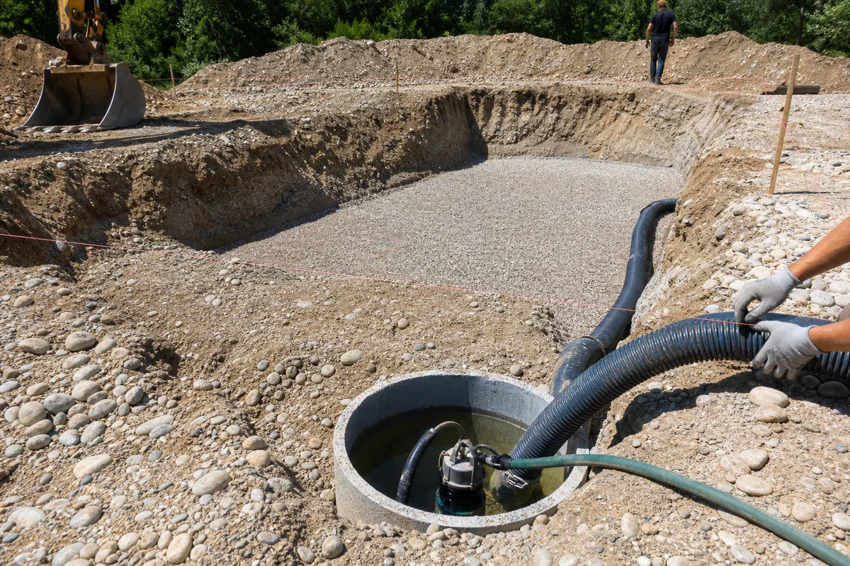 Fouille de piscine ouverte dans des graves sableuses, pompe de relevage et drain périphérique en fond de fouille