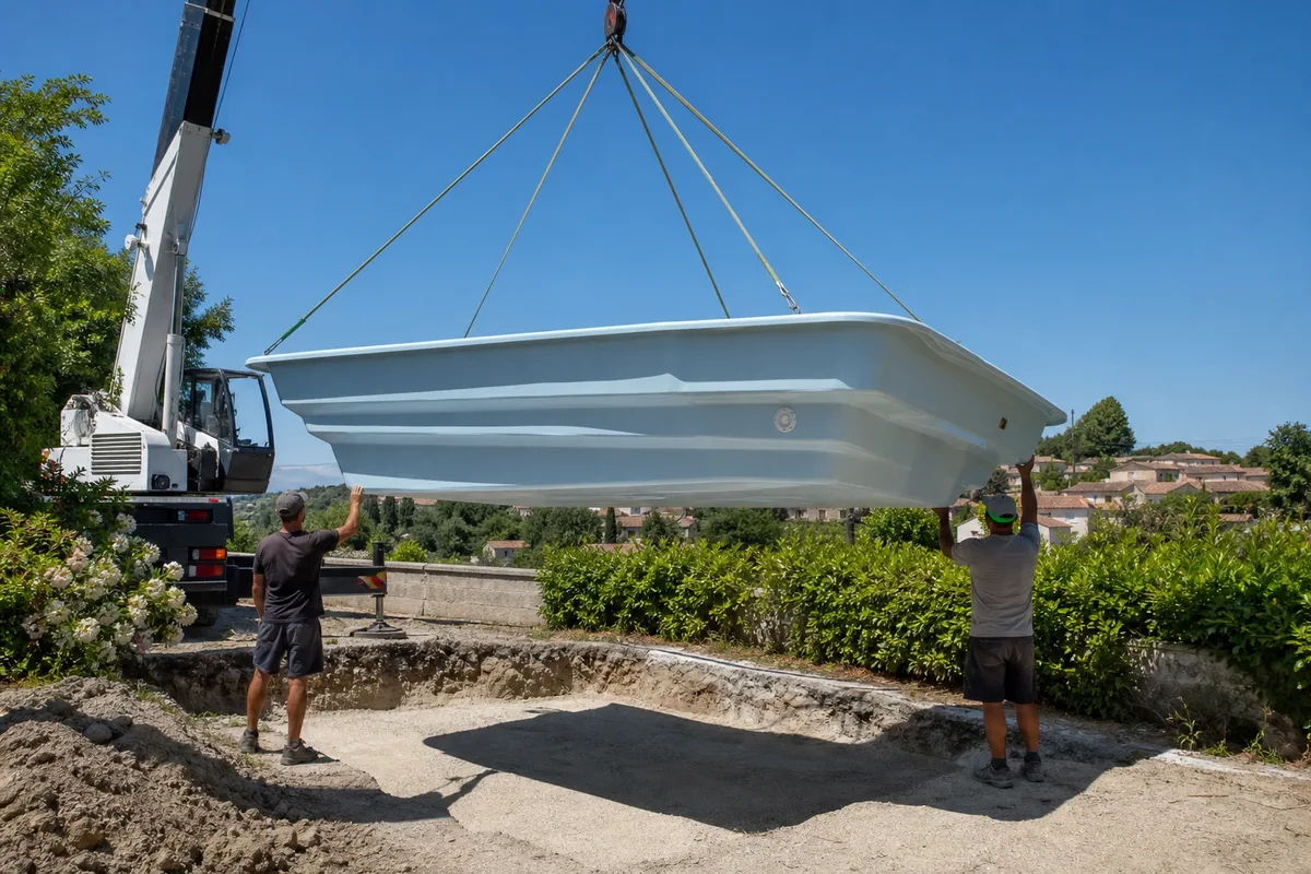 Coque de piscine polyester levée à la grue au-dessus d&rsquo;un jardin clos, plein soleil d&rsquo;été