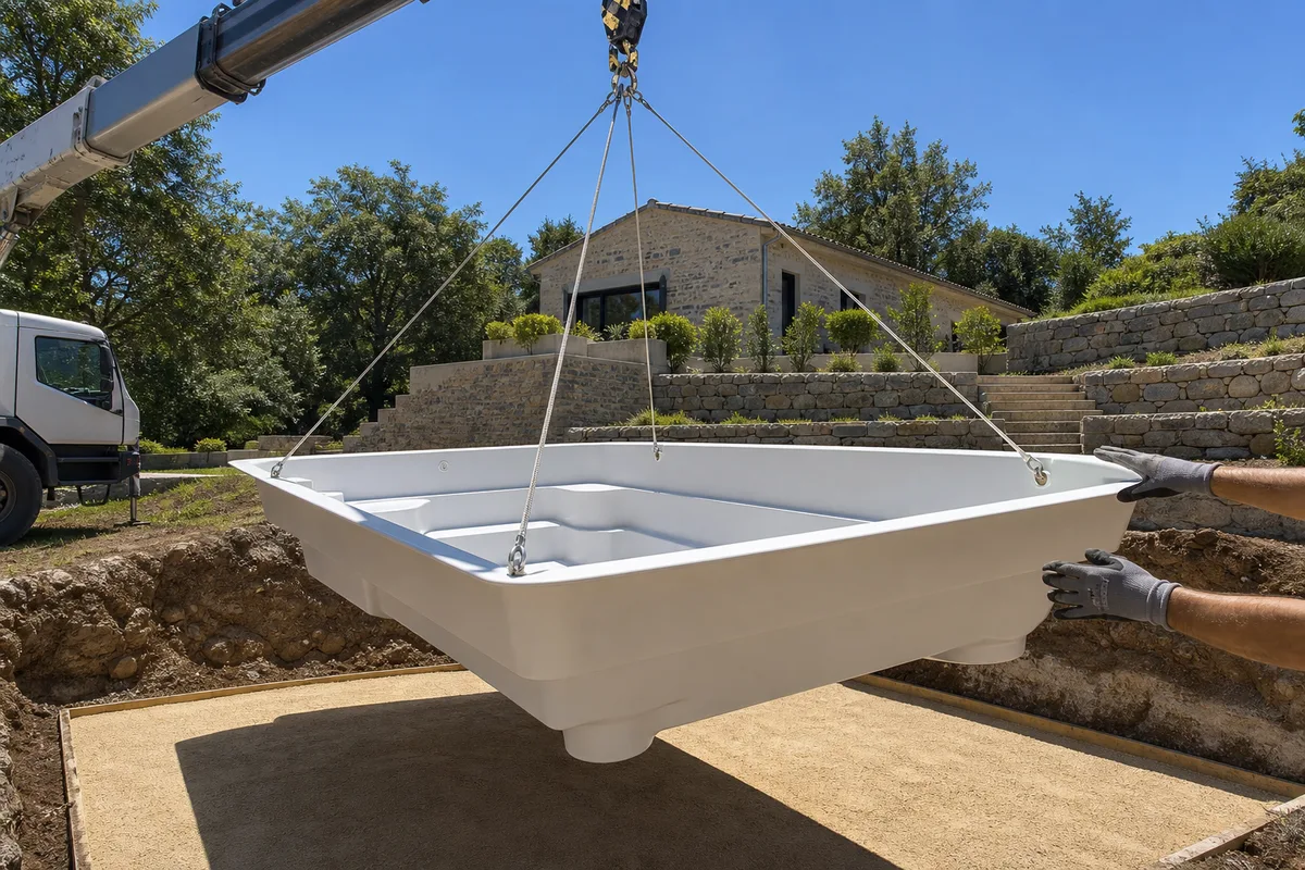 Coque de piscine posée à la grue au-dessus d&rsquo;un jardin en pente bordé de murets de pierre