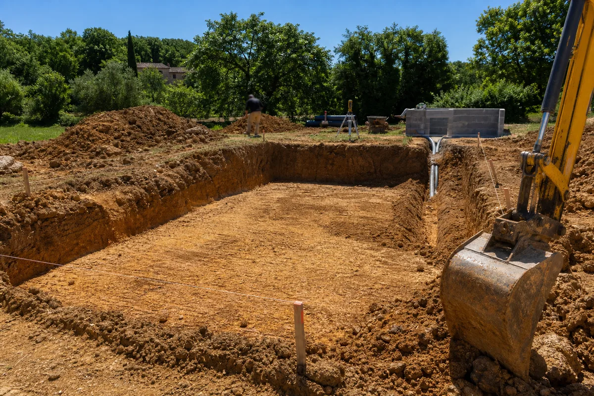 Terrassement d&rsquo;une piscine enterrée dans un jardin, pelle mécanique et fouille aux parois nettes