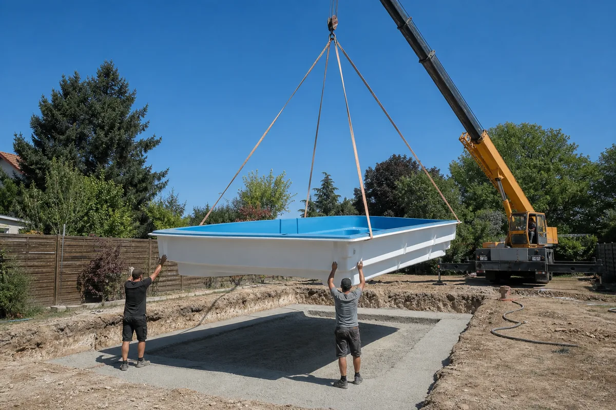 Piscine à coque polyester posée à la grue au-dessus d&rsquo;une fouille, sangles tendues en plein soleil